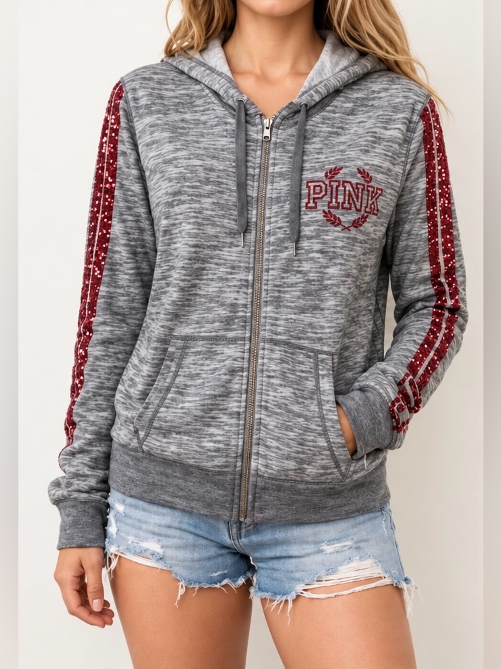 Victoria’s Secret PINK Pink Sequin Grey Zip Up Hoodie Y2K Mall Goth Size XS